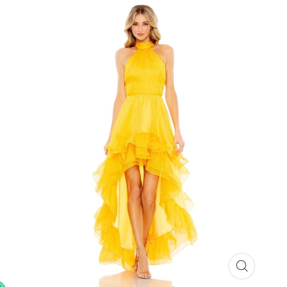 RUFFLE TIERED HIGH LOW PLEATED HALTER NECK GOWN
